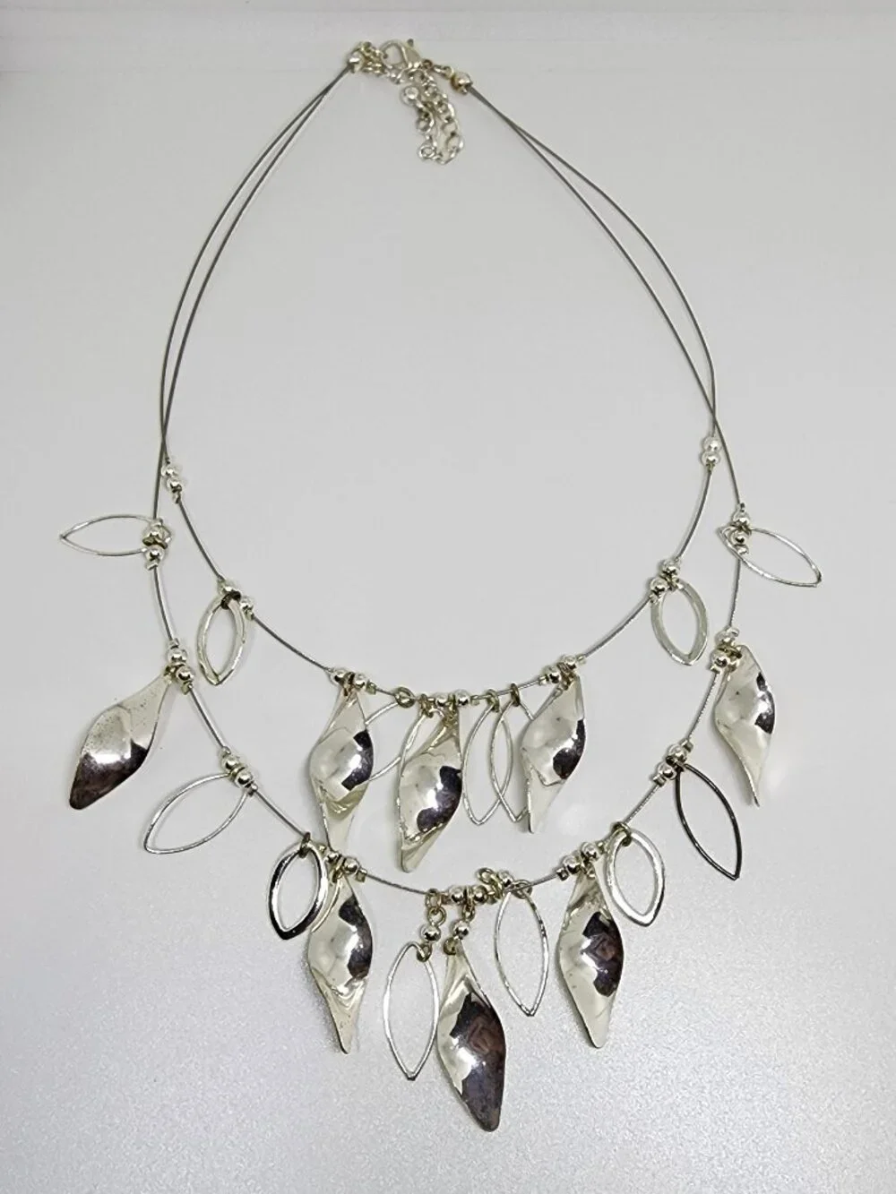 Double Layer Silver Spiral and Marquis Drop Statement Dressy Necklace